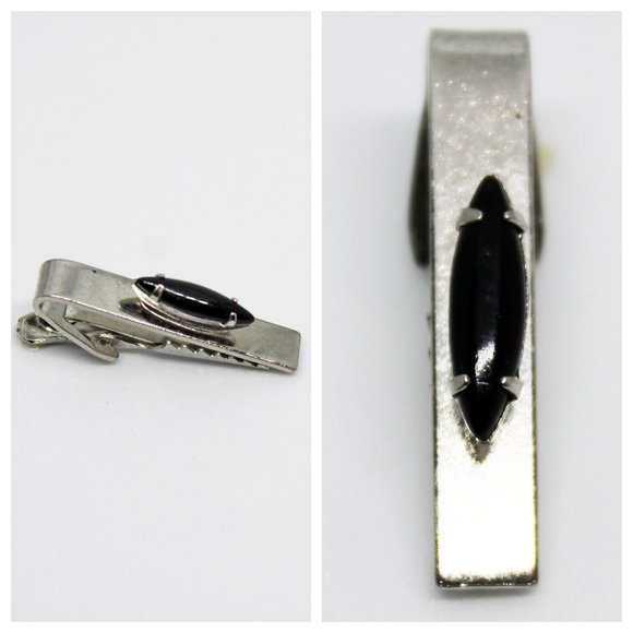 Vintage Silver & Black Marquis Cabachon Rectangle Tie Clip | Father's Day Gift - Picture 4 of 9